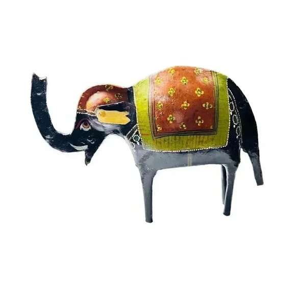 Hand Painted Indian Folk Art Metal Elephant Statue - Trunk Up for Good Luck - Picture 2 of 5